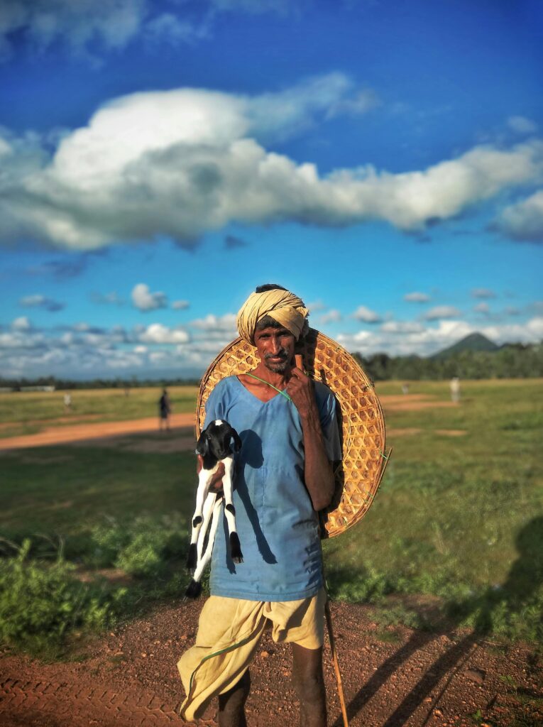South Asian farmer holding a baby goat in the scenic Indian countryside.